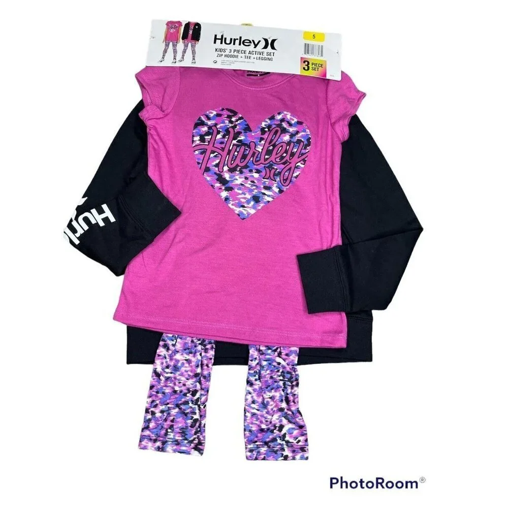Hurley Girls Size 5 Kids' 3-piece Set  BLACK Active set Zip Hoodie, Tee, Legging